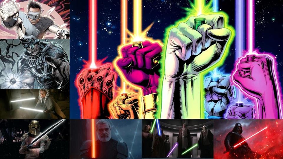 The multi-colored power rings in the DC Universe, and the multi-colored lightsabers of the Star Wars galaxy.