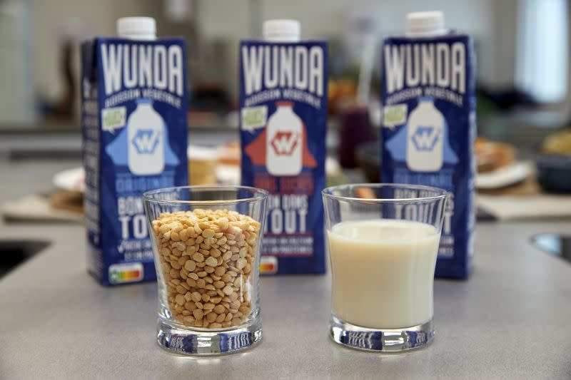 A glass of yellow peas and another one of the final product are pictured after a media presentation of the Nestle new product in Lausanne