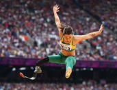 Kelly Cartwright of Australia competes in the Women's Long Jump - F42/44 Final on day 4 of the London 2012 Paralympic Games at Olympic Stadium on September 2, 2012 in London, England. (Photo by Michael Steele/Getty Images)