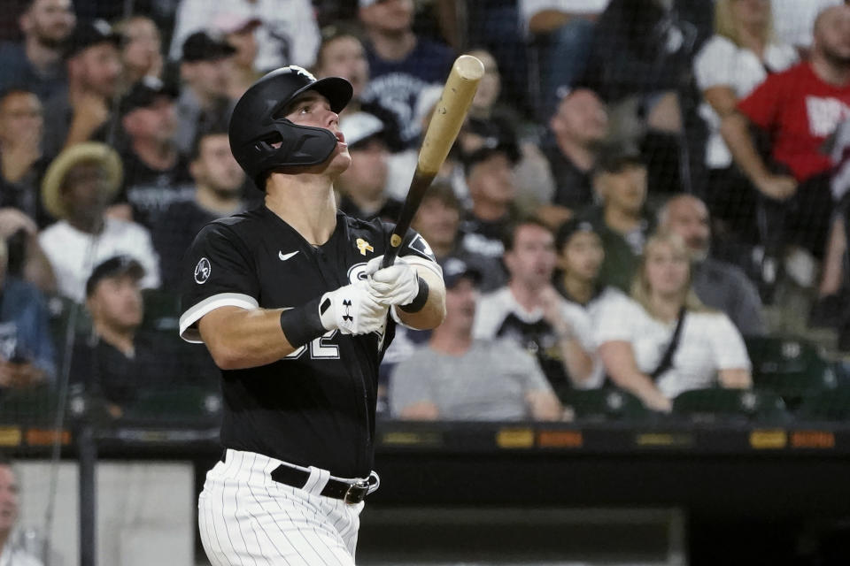 Chicago White Sox's Gavin Sheets watches his three-run home run off Pittsburgh Pirates starting pitcher Max Kranick during the fourth inning of a baseball game Wednesday, Sept. 1, 2021, in Chicago. (AP Photo/Charles Rex Arbogast)