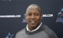 Miami Marlins president of baseball operations Michael Hill talks to the media during the first full-squad spring training baseball camp Monday, Feb. 17, 2020 at Roger Dean Stadium on Monday, February 17, 2020 in Jupiter, Fla. (David Santiago/Miami Herald via AP)