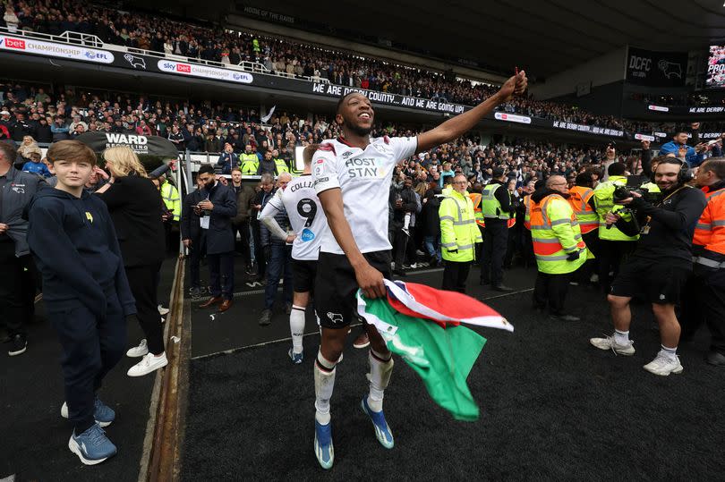 Ebou Adams after securing promotion for Derby County -Credit:Paul Currie/REX/Shutterstock