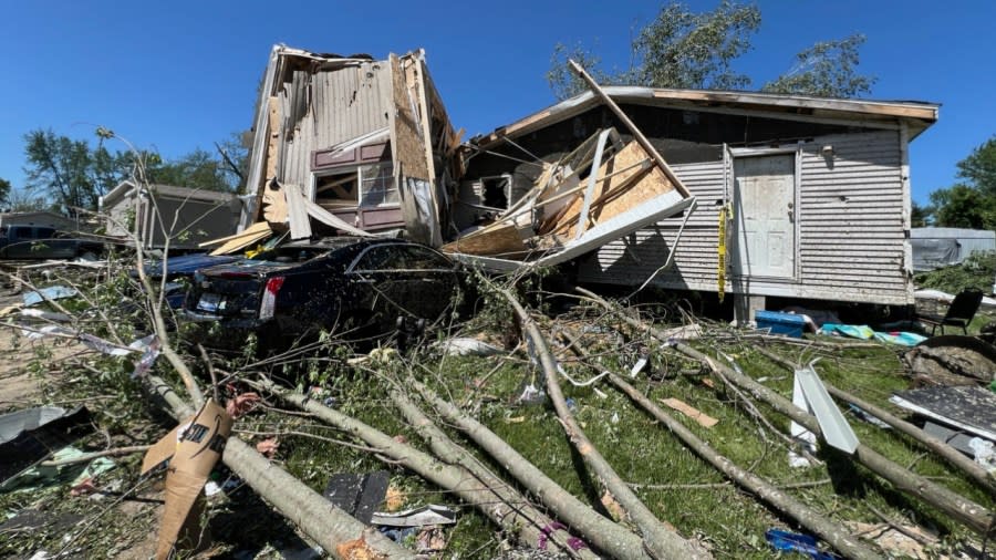 A mobile home in Pavilion Township torn from its base and flipped over the day after a tornado. (May 8, 2024)