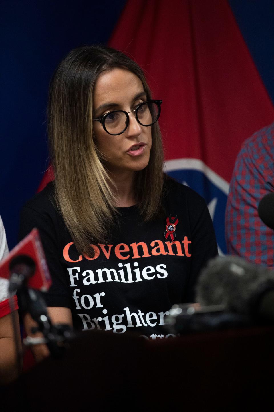 Sarah Shoop Neumann speaks during a Covenant Families for a Brighter Tomorrow press conference following the special legislative session on public safety in Nashville, Tenn., on Tuesday, August 29, 2023.