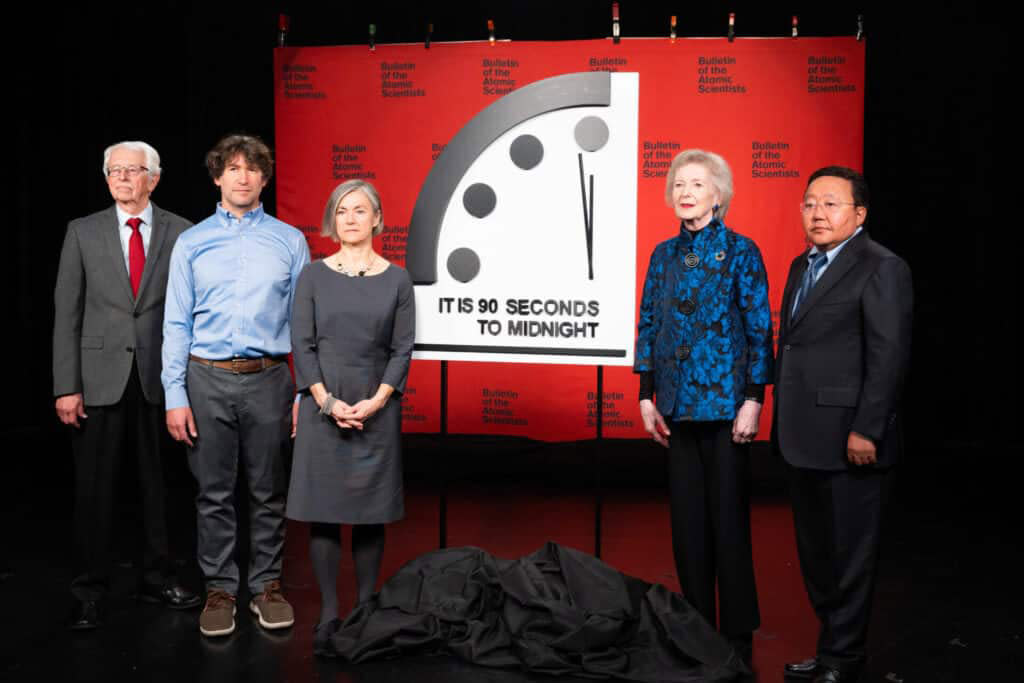 Scientists around the Doomsday Clock set at 90 seconds to midnight. (Bulletin of the Atomic Scientists)