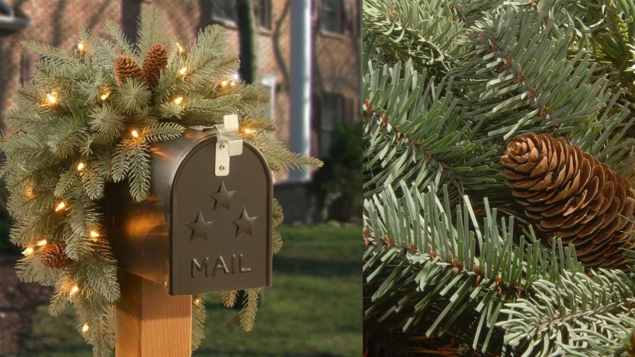 a christmas tree with a sign