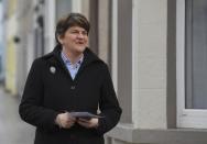 Arlene Foster, leader of the DUP (Democratic Unionist Party) walks towards a polling station in the Northern Ireland Assembly elections in Brookeborough in Northern Ireland, March 2, 2017. REUTERS/Toby Melville