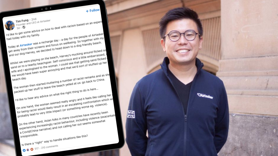 Airtasker CEO Tim Fung details his recent experience of racism. (Source: ABC, LinkedIn/Yahoo Finance screenshot)