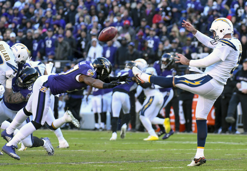 <p>Baltimore Ravens running back Javorius Allen (37) blocks the punt of Los Angeles Chargers punter Donnie Jones (5) on January 6, 2019, at M&T Bank Stadium in Baltimore, MD. (Photo by Mark Goldman/Icon Sportswire) </p>