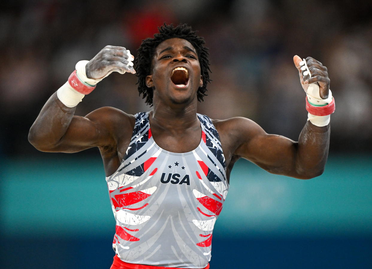 Paris , France - 29 July 2024; Frederick Richard of Team USA celebrates after the horizontal bars during the men's team final at the Gymnastics Bercy Arena during the 2024 Paris Summer Olympic Games in Paris, France. (Photo By David Fitzgerald/Sportsfile via Getty Images)