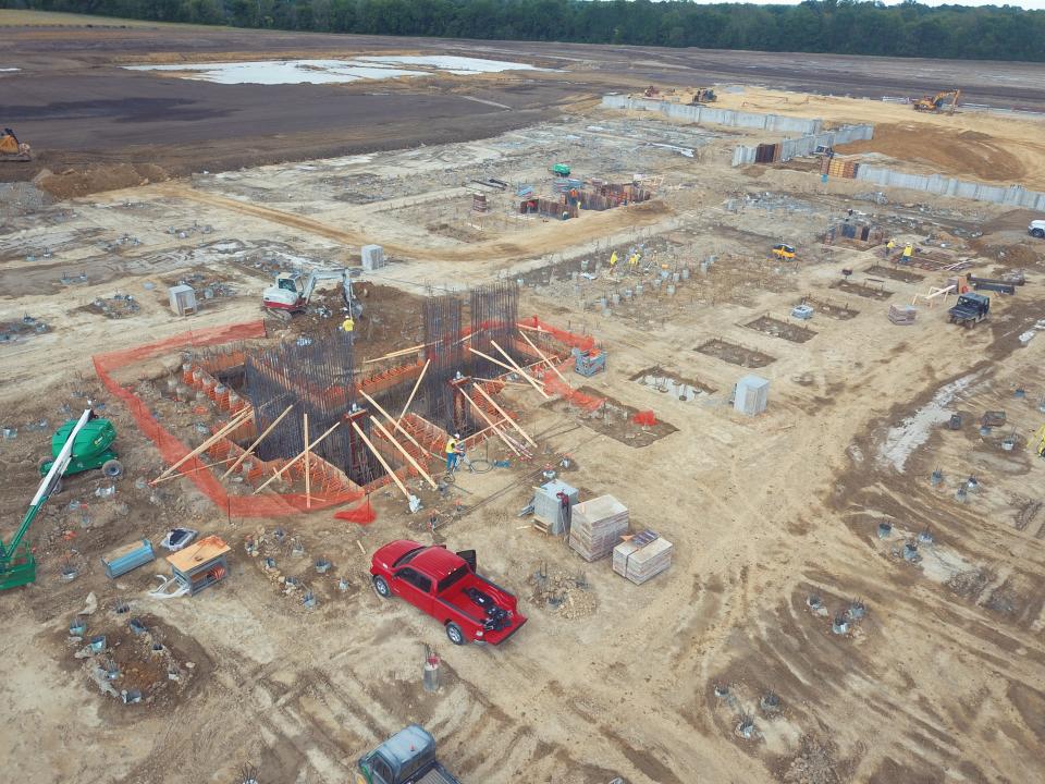 Rebar for concrete structures are being placed as above-ground construction begins at the Pratt Paper Kentucky plant site on the Kentucky 425/South Bypass on Henderson’s south side, as seen in this drone photo shot for the company.