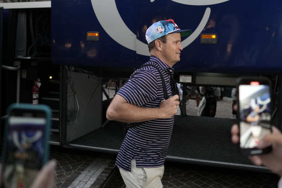 USA Ryder Cup team captain Zach Johnson returns with members of his team at a hotel in Rome, Friday, Sept. 8, 2023, at the end of a practice session at the Marco Simone golf club. (AP Photo/Andrew Medichini)