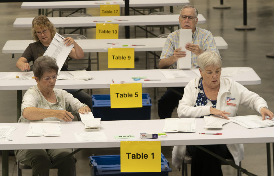 Bipartisan counting teams prepare to recount nearly 150,000 ballots in Wichita, Kansas, on Wednesday, Aug. 17, 2022 on a constitutional amendment that would've removed abortion rights from the Kansas Constitution. Nine of the state's 105 counties were forced to do the recount by two Republican activists. Voters earlier this month rejected a proposed amendment to the Kansas Constitution that would have allowed the Republican-controlled Legislature to further restrict abortion or ban it. (Jaime Green/The Wichita Eagle via AP)