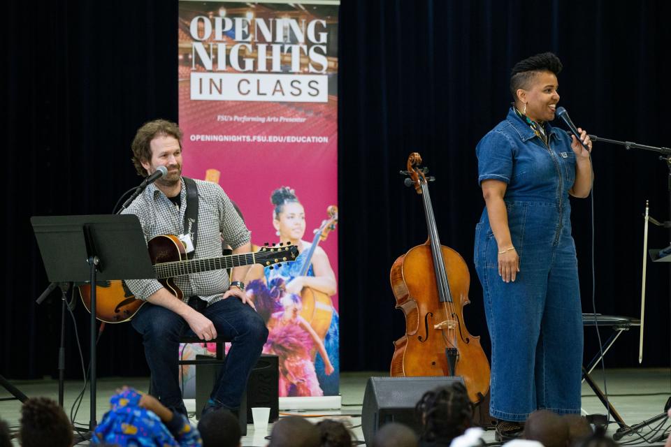 Singer-songwriter and cellist Shana Tucker performs at Pineview Elementary School as part of Florida State University’s Opening Nights weeklong K-5 school residency Thursday, Feb. 22, 2024.