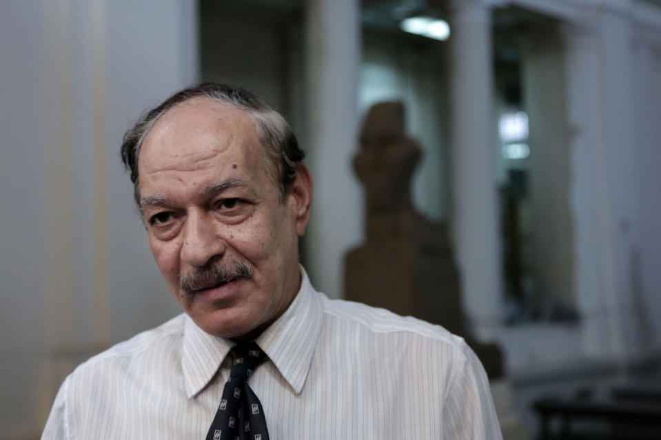In this Wednesday, Oct. 30, 2013 photo, Sayed Amer, the director of the Egyptian Museum speaks during an interview with the Associated Press inside the museum near Tahrir Square in Cairo, Egypt. The 111-year-old museum, a treasure trove of pharaonic antiquities, has long been one of the centerpieces of tourism to Egypt. But the constant instability since the 2011 uprising that toppled autocrat Hosni Mubarak has dried up tourism to the country, slashing a key source of revenue. Moreover, political backbiting and attempts to stop corruption have had a knock-on effect of bringing a de facto ban on sending antiquities on tours to museums abroad, cutting off what was once a major source of funding for the museum. (AP Photo/Nariman El-Mofty)