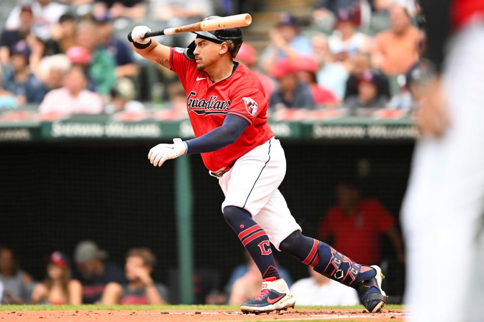 Cleveland Guardians'  Josh Naylor hits an RBI single during the first inning of a baseball game against the Kansas City Royals, Saturday, July 8, 2023, in Cleveland.  (AP Photo/Nick Cammett)