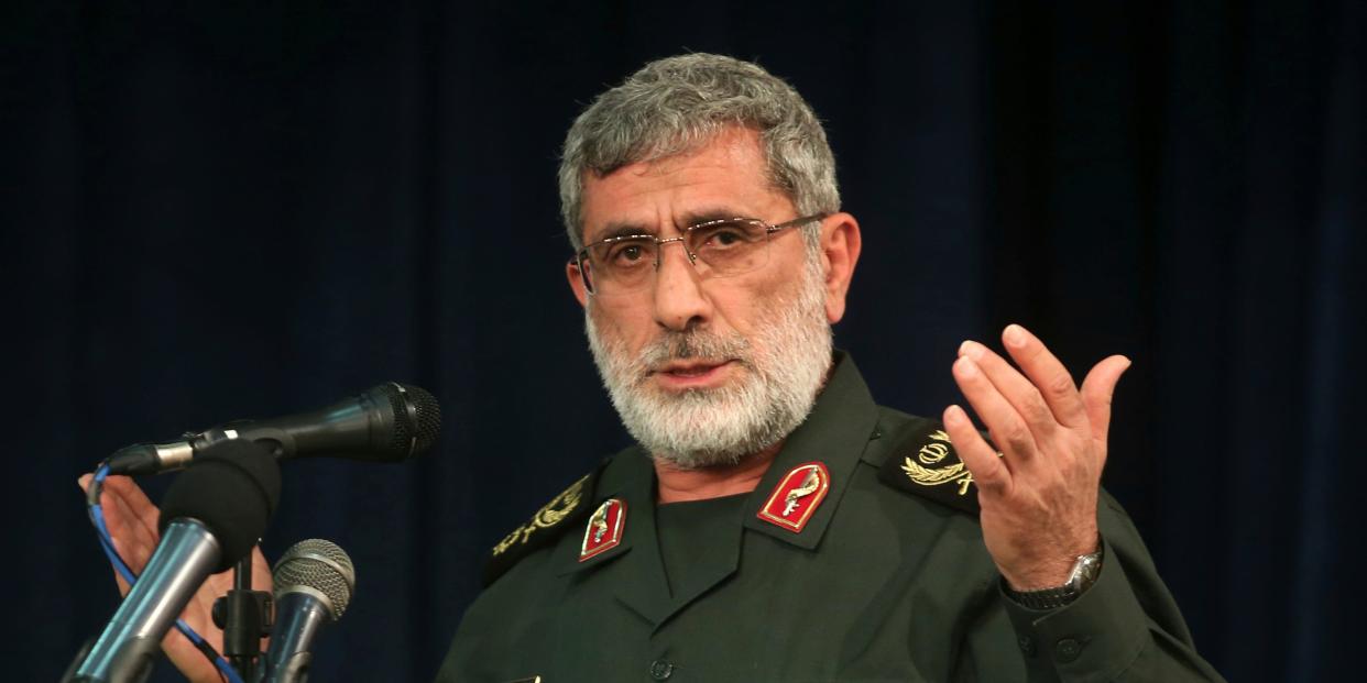 In this Nov. 5, 2016 photo, Gen. Esmail Ghaani speaks in a meeting in Tehran, Iran. A new Iranian general has stepped out of the shadows to lead the country's expeditionary Quds Force, becoming responsible for Tehran's proxies across the Mideast as the Islamic Republic threatens the U.S. with 