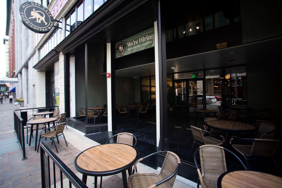 A partially covered outdoor patio along Gay Street has been constructed at the new Frothy Monkey location in downtown Knoxville, which opened Wednesday. The patio has roughly 40 seats and increases the restaurant's seating to accommodate roughly 160 customers visiting for coffee, cocktails and a full food menu.