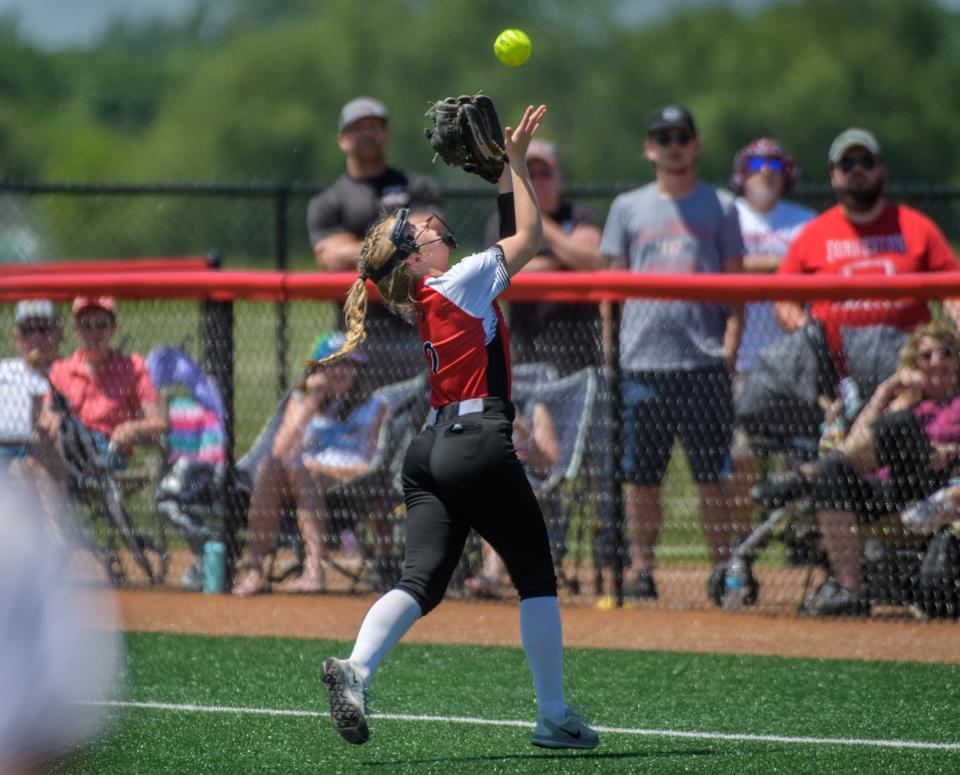 Forreston's Alaina Miller snags a Casey-Westfieled pop-up during the Class 1A state semifinals Friday, Jun 3, 2022 at the Louisville Slugger complex in Peoria.