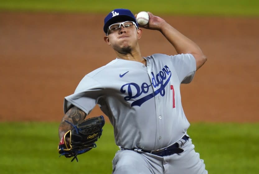 Los Angeles Dodgers starting pitcher Julio Urias works against the Colorado Rockies.