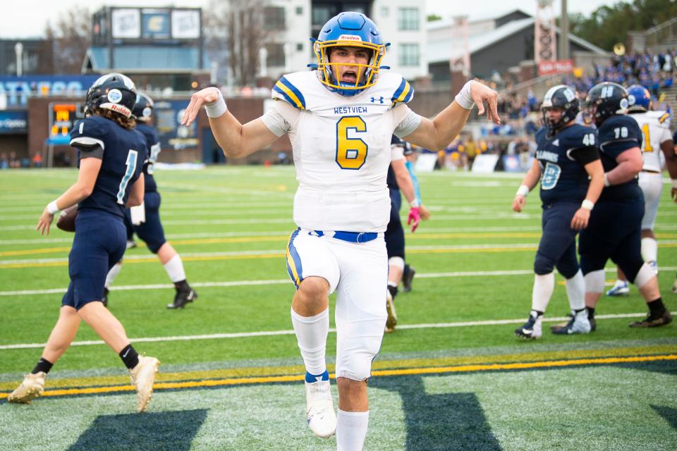 Westivew's Ty Simpson (6) celebrates a touchdown during the TSSAA Class 2A BlueCross Bowl football game between Hampton and Westview held at Finley Stadium in Chattanooga, Tenn., on Saturday, Dec. 4, 2021. 