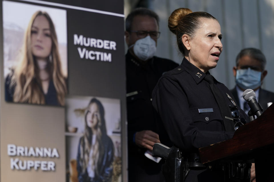 FILE - Los Angeles Police Department Capt. Sonia Monico speaks at a news conference, Jan. 18, 2022, in Los Angeles, about the murder of 24-year-old Brianna Kupfer. Three random killings: a woman pushed in front of a train, another punched at a bus stop and a third stabbed to death while working alone in a store, and three homeless men charged with the crimes have reignited anger and frustration with the intractable issue of homelessness in New York and Los Angeles. (AP Photo/Ashley Landis, File)