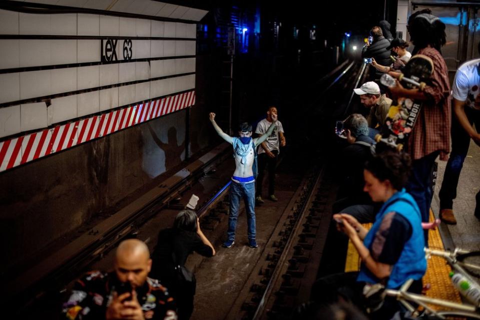 Protesters hold train traffic at Lexington and 63rd to protest the death of Jordan Neely, a popular subway performer who was killed in an incident involving a chokehold performed by a former marine, in New York, on May 6.<span class="copyright">Hilary Swift—The New York Times/Redux</span>