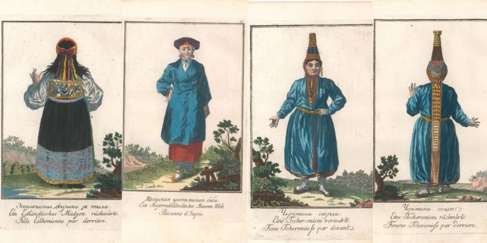 Images from "A Description of All the Nationalities That Inhabit the Russian State," an ethnographic survey of the different nationalities living within the Russian Empire at the end of the 18th century. The book is inscribed to Catherine the Great. In these images, "an Estonian woman,"  "a peasant" from the region of Ingria and a member of the group then known as Cheremis.