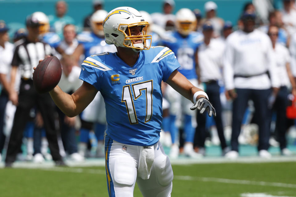 Los Angeles Chargers quarterback Philip Rivers (17) looks to pass the ball, during the first half at an NFL football game against the Miami Dolphins, Sunday, Sept. 29, 2019, in Miami Gardens, Fla. AP Photo/Wilfredo Lee)