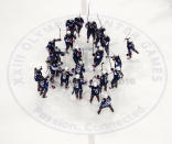 <p>The United States players celebrate after the semifinal round of the women’s hockey game against Finland at the 2018 Winter Olympics in Gangneung, South Korea, Monday, Feb. 19, 2018. the United States won 5-0. (AP Photo/Julio Cortez) </p>