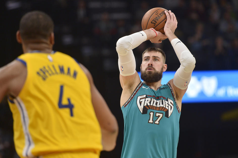 Memphis Grizzlies center Jonas Valanciunas (17) shoots ahead of Golden State Warriors forward Omari Spellman (4) in the second half of an NBA basketball game Sunday, Jan. 12, 2020, in Memphis, Tenn. (AP Photo/Brandon Dill)