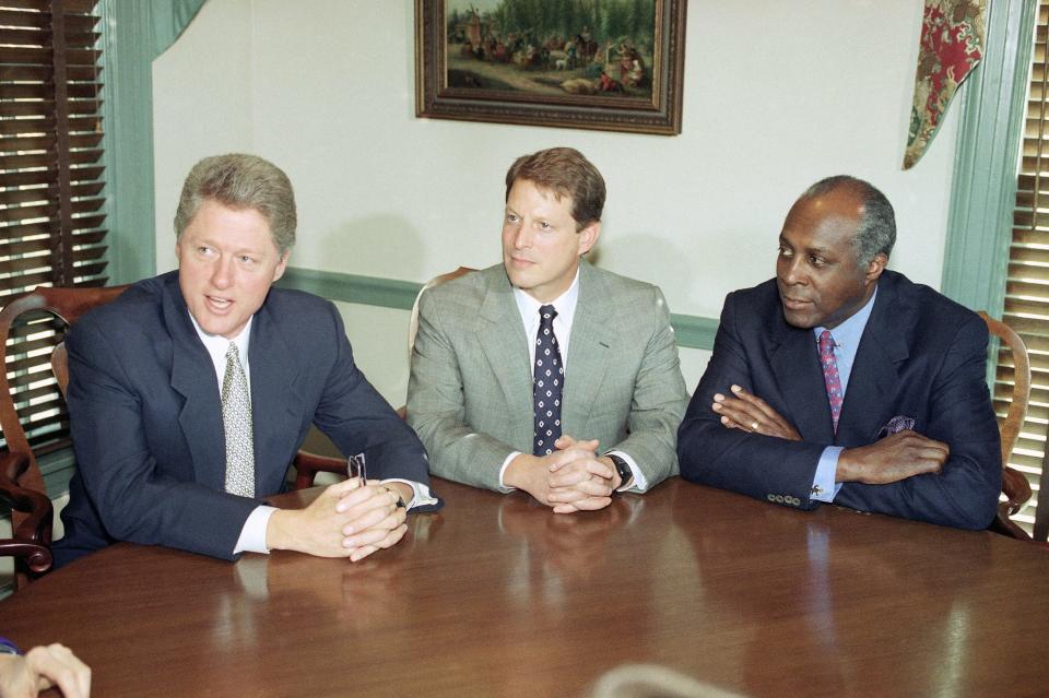 President-Elect Bill Clinton meets with Vice President-elect Al Gore and Vernon Jordan at the Governor's Mansion in Little Rock, Arkansas, on Nov. 18, 1992. Jordan was the Clinton-Gore transition chairman.
