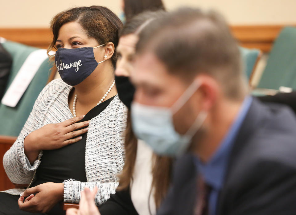 Image: Ajshay James  listens to testimony in the overflow room of a hearing at the Texas Capitol in Austin on March 30, 2021. (Elizabeth Conley / Houston Chronicle)