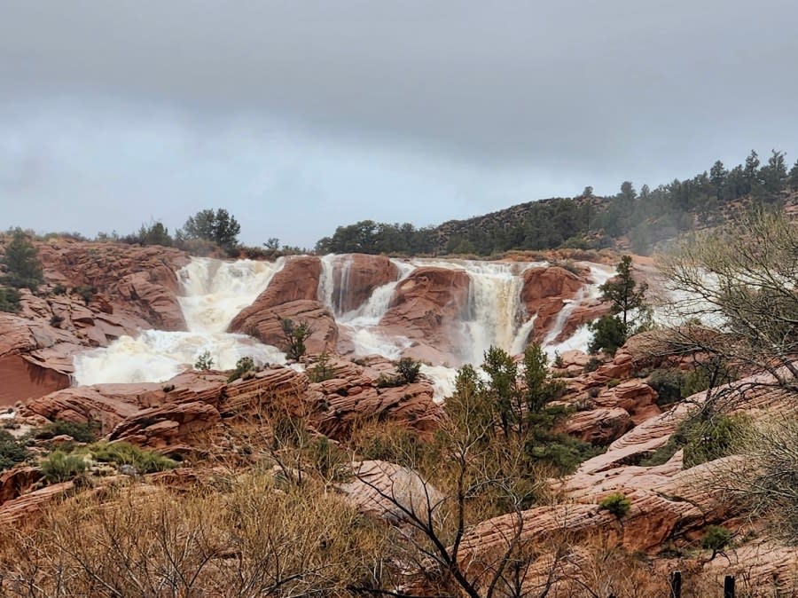 Water rushes through Gunlock Falls in March of 2023.