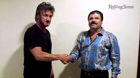 Actor Sean Penn (L) shakes hands with Mexican drug lord Joaquin "Chapo" Guzman in Mexico, in this undated Rolling Stone handout photo obtained by Reuters on January 10, 2016. REUTERS/Rolling Stone