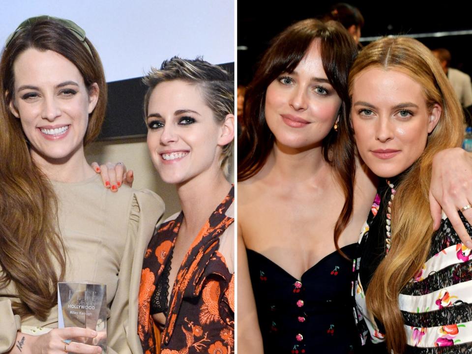 Riley Keough with Kirsten Stewart at ELLE's 24th Annual Women in Hollywood Celebration in 2017; Riley Keough with Dakota Johnson at the Film Independent Spirit Awards in 2019.