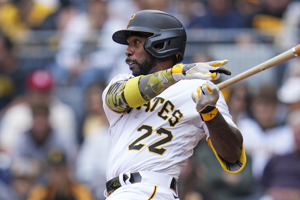 Pittsburgh Pirates' Andrew McCutchen singles off Arizona Diamondbacks starting pitcher Brandon Pfaadt during the first inning of a baseball game in Pittsburgh, Saturday, May 20, 2023. (AP Photo/Gene J. Puskar)