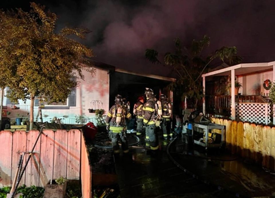 A home burned at Casa De Amigo’s Mobile Home Park on 26 Mile Road north of Oakdale. Fire was about 8 p.m. Friday. Photos are from Modesto Fire Department.