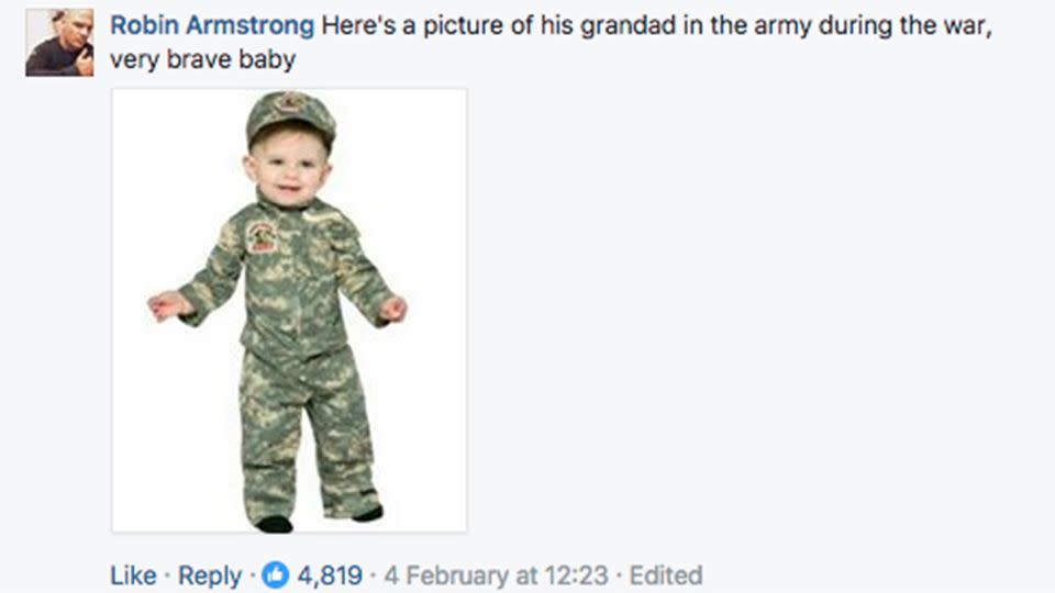 Disgusted social media users pointed out that his grandfather would have only been five years old when he was fighting in World War II. Source: Facebook