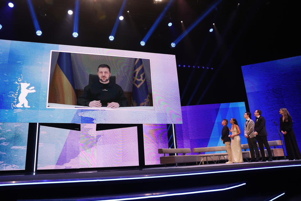 BERLIN, GERMANY - FEBRUARY 16: Ukraine's President Volodymyr Zelenskiy addresses the audience on a TV screen during the Opening Ceremony of the 73rd Berlinale International Film Festival Berlin at Berlinale Palast on February 16, 2023 in Berlin, Germany. (Photo by Gerald Matzka/2023 Getty Images)