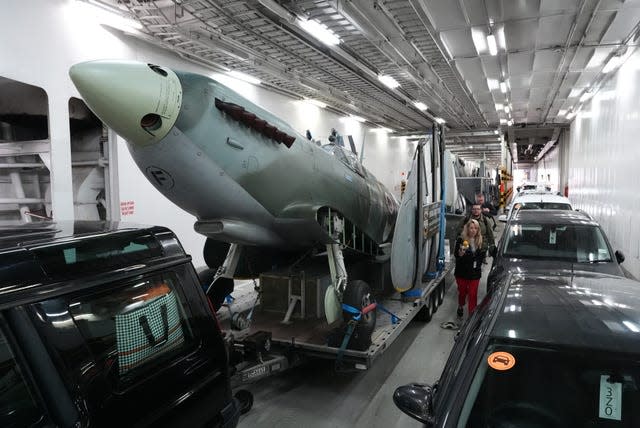 A Spitfire plane is packed on board the Brittany Ferries ship Mont St Michel