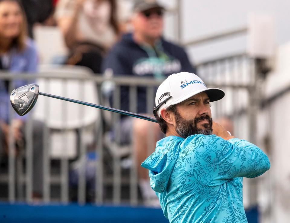 Adam Hadwin tees off on one of the Pete Dye Stadium Course during the final round of The American Express at PGA West in La Quinta, Calif., Sunday, Jan. 21, 2024.