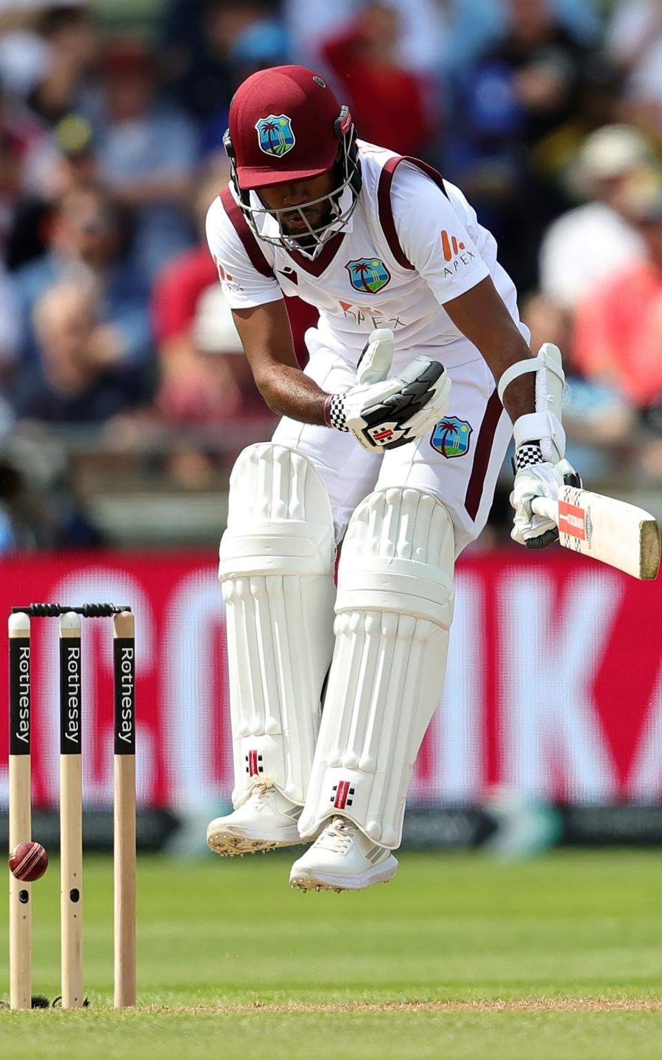 Kraigg Brathwaite defends awkwardly against Chris Woakes