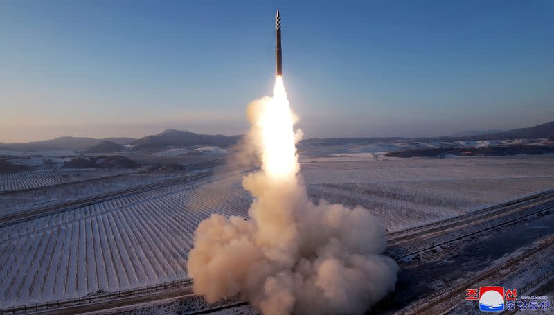 A Hwasong-18 intercontinental ballistic missile is launched during a drill