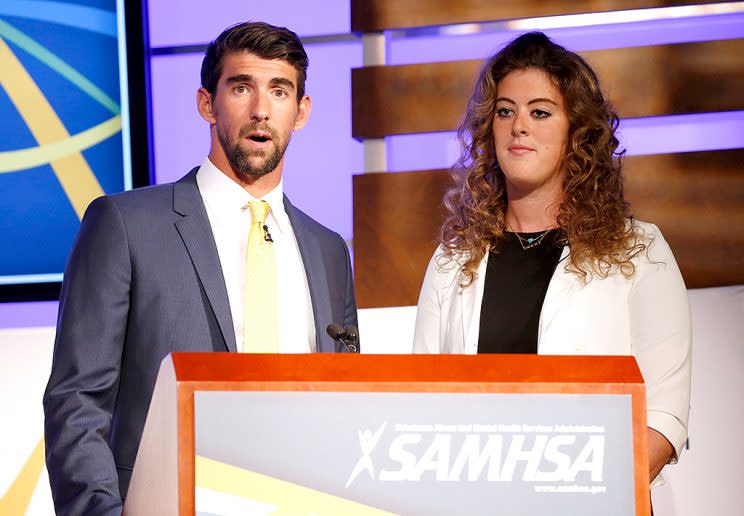 Michael Phelps and Allison Schmitt speak at the National Children's Mental Health Awareness Day event.