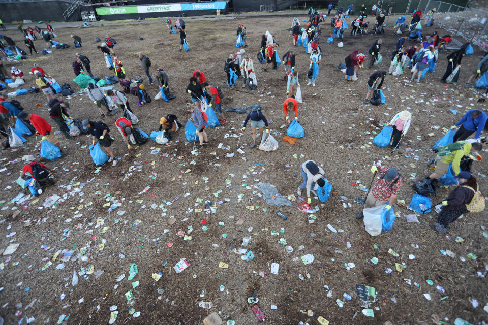A sea of rubbish in front of the Pyramid stage at the Glastonbury Festival, June 26 2023. The field will be cleaned inch by inch over the next few hours so the field can be grazed by cows once again.