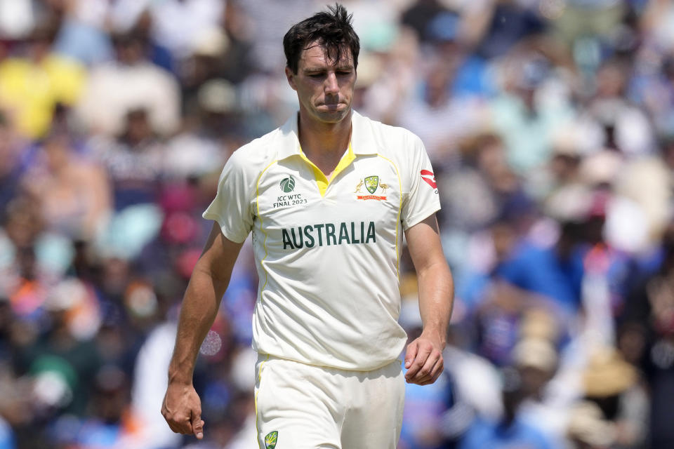 Australia's Pat Cummins reacts after bowling on the third day of the ICC World Test Championship Final between India and Australia at The Oval cricket ground in London, Friday, June 9, 2023. (AP Photo/Kirsty Wigglesworth)