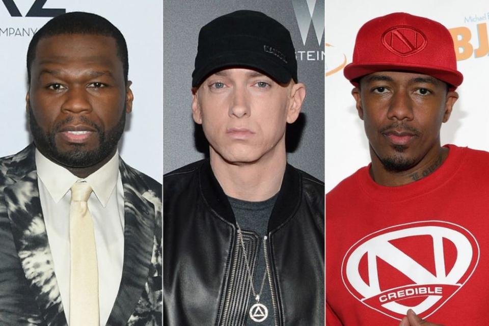 50 Cent; Eminem; Nick Cannon | Mike Coppola/Getty; Evan Agostini/Invision/AP/Shutterstock; Tiffany Rose/Getty