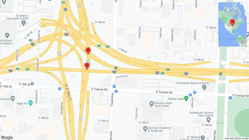 A detailed map that shows the affected road due to 'Broken down vehicle on northbound US-71 in Kansas City' on October 2nd at 12:44 p.m.