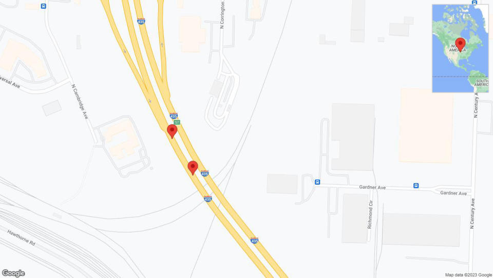 A detailed map that shows the affected road due to 'Broken down vehicle on southbound I-435 in Kansas City' on December 16th at 12:13 p.m.